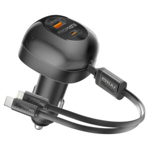 Promate PowerDrive RCI81 81W Multi-Port Car Charger with Retractable USB-C & Lightning Cables